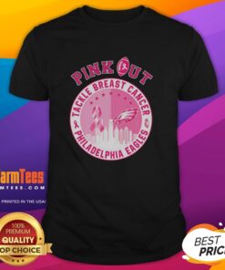 Premium Pink Out Tackle Breast Cancer Philadelphia Eagles Skyline T-Shirt featuring a vibrant design and team logo.