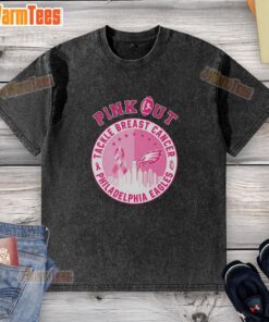 Alt Text: Premium pink Philadelphia Eagles skyline washed t-shirt to support Breast Cancer awareness and show team spirit.