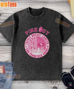 Alt Text: Premium pink Out Tackle Breast Cancer San Francisco 49ers skyline washed t-shirt showcasing support for breast cancer awareness.