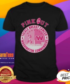 Premium Pink Out Tackle Breast Cancer Washington Commanders T-Shirt featuring bold team logo and vibrant pink color.