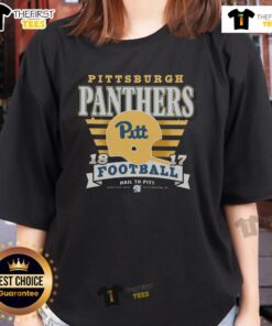 Alt Text: Premium Pittsburgh Panthers Vintage Stripe Splash Ladies Tee in navy and gold, perfect for game day or casual wear.