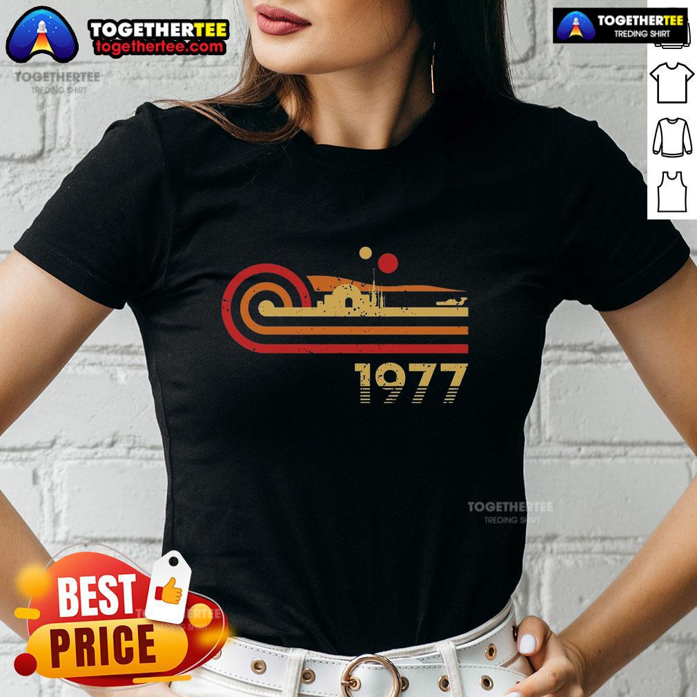 Premium Retro Vintage Desert Planet 1977 Ladies Tee Premium Retro Vintage Desert Planet 1977 Ladies Tee featuring a colorful desert landscape and retro typography design.
