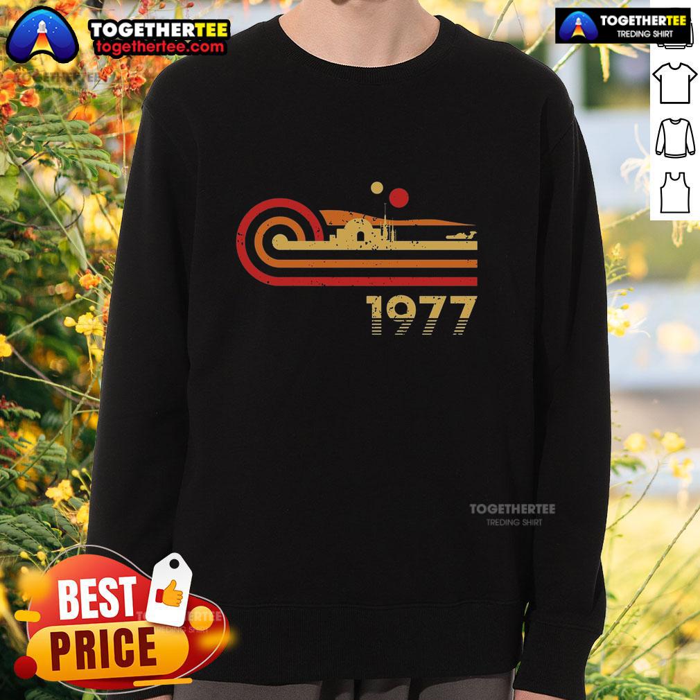 Premium Retro Vintage Desert Planet 1977 Sweatshirt Alt Text: Premium Retro Vintage Desert Planet 1977 Sweatshirt featuring a colorful desert landscape design and classic fit.