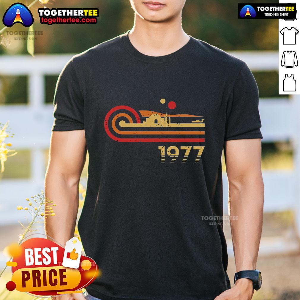 Premium Retro Vintage Desert Planet 1977 T Shirt Alt Text: Premium Retro Vintage Desert Planet 1977 T-Shirt featuring a colorful desert scene with retro typography design.
