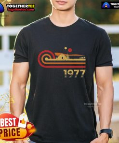 Alt Text: Premium Retro Vintage Desert Planet 1977 T-Shirt featuring a colorful desert scene with retro typography design.