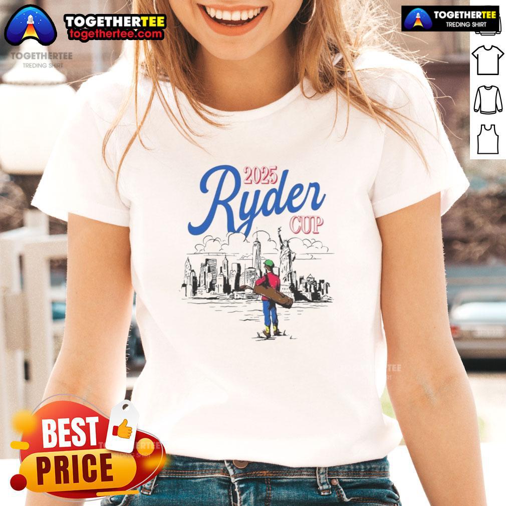 Premium Ryder Cup Skyline Golf New York 2025 Ladies Tee Alt Text: Premium Ryder Cup Skyline Golf New York 2025 ladies' tee with vibrant skyline backdrop and golf course view.