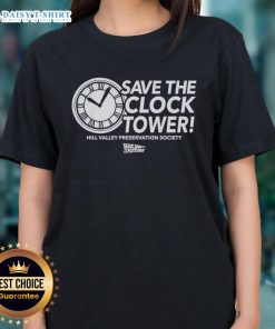 Premium Save The Clock Tower Hill Valley Preservation Society Back to the Future ladies tee featuring iconic design.