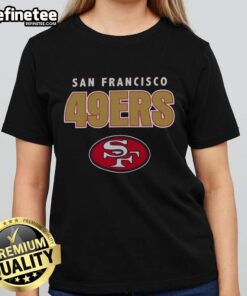 Alt Text: Premium Scarlet San Francisco 49ers Throwback Ladies Tee featuring vintage logo and stylish design for fans.