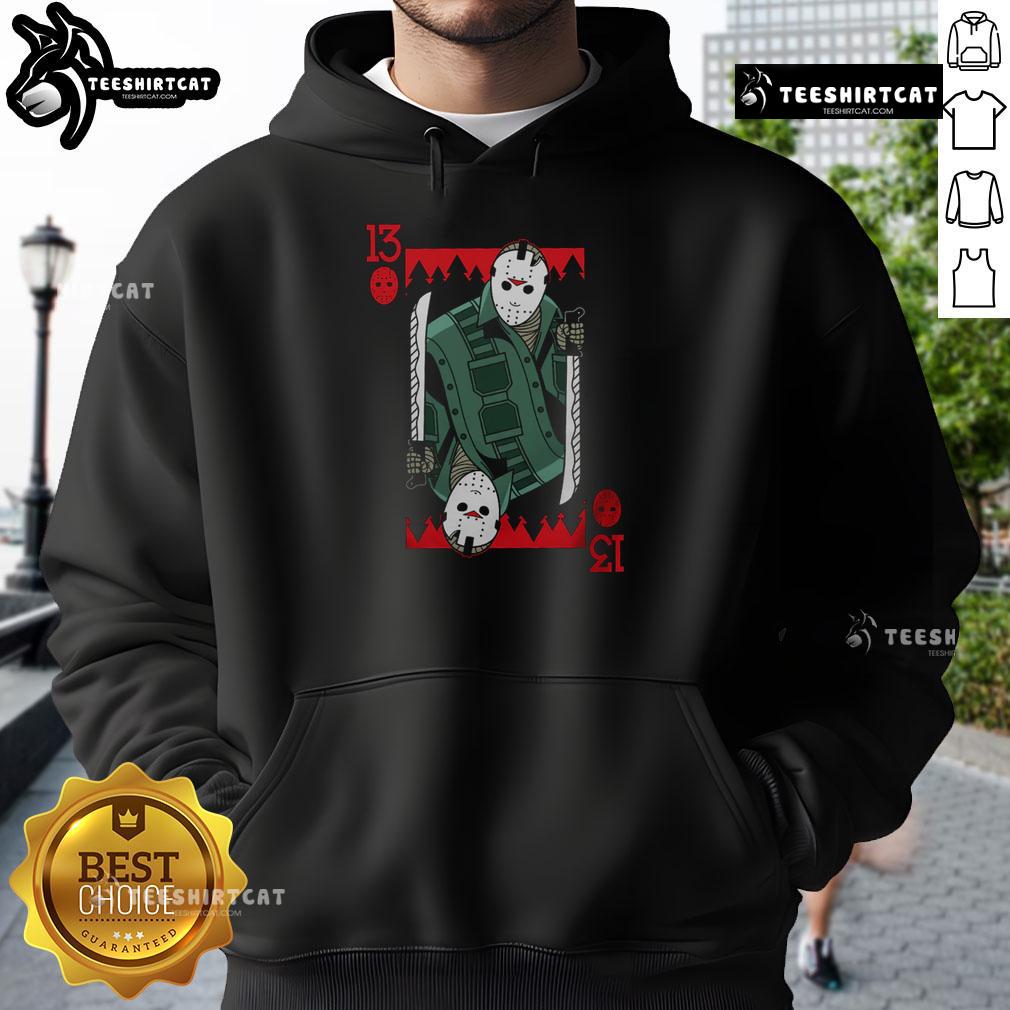 Premium Scary Jason 13 Voorhees Friday The 13Th Horror Card Hoodie Alt Text: Premium scary Jason Voorhees hoodie featuring Friday the 13th horror card design for fans of horror apparel.