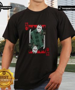 Premium scary Jason Voorhees Friday the 13th horror card t-shirt featuring iconic horror movie design.
