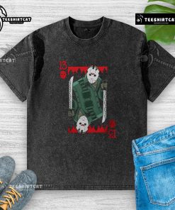 Premium scary Jason Voorhees Friday the 13th horror card washed T-shirt featuring iconic horror design.