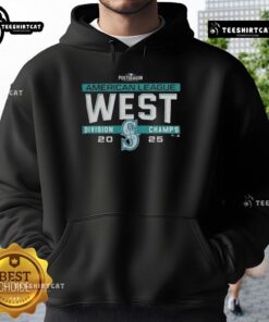 Alt Text: Premium Seattle Mariners MLB 2025 AL West Division Title postseason locker room team hoodie displayed on a hanger.