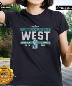 Alt Text: Premium Seattle Mariners MLB 2025 AL West Division Title postseason locker room team ladies tee shirt