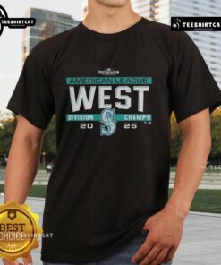 Alt Text: Premium Seattle Mariners MLB 2025 AL West Division Title locker room team t-shirt featuring vibrant team graphics.