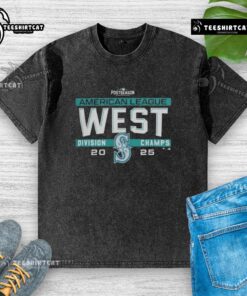 Alt Text: Premium Seattle Mariners MLB 2025 AL West Division Title Postseason locker room team washed t-shirt displayed.