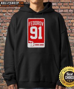 Alt Text: Premium Sergei Fedorov Detroit Red Wings Hockey 91 Banner Hoodie showcasing team pride and classic sportswear style.