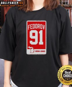 Premium Sergei Fedorov Detroit Red Wings hockey 91 banner ladies tee featuring vibrant team colors and iconic design.