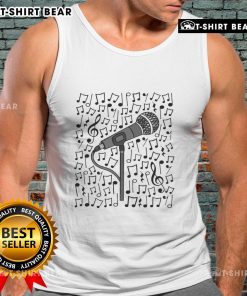 Premium singer microphone with musical notes design on a tank top for singing teachers and musicians.