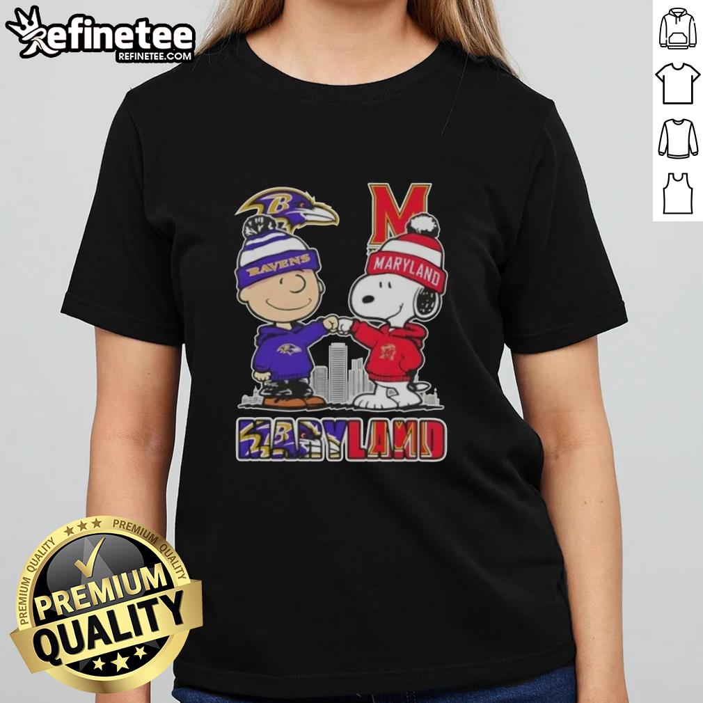 Premium Snoopy And Charlie Brown Baltimore Ravens X Maryland Terrapins Skyline Ladies-Tee