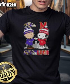 Alt Text: Premium Snoopy and Charlie Brown Baltimore Ravens X Maryland Terrapins skyline t-shirt featuring vibrant graphics.
