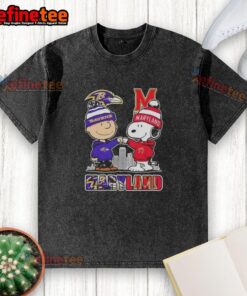 Alt Text: Premium Snoopy and Charlie Brown Baltimore Ravens X Maryland Terrapins skyline washed t-shirt design featuring vibrant graphics.