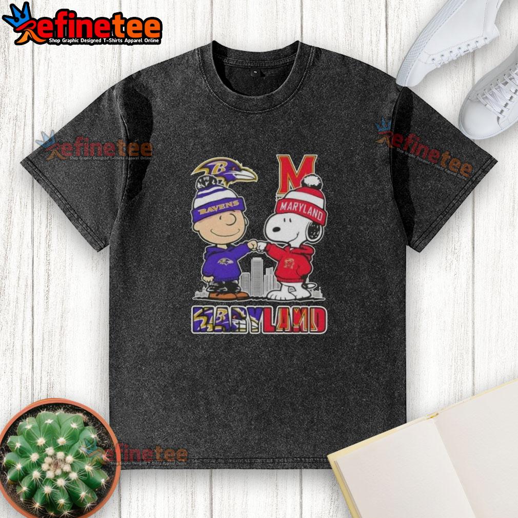 Premium Snoopy And Charlie Brown Baltimore Ravens X Maryland Terrapins Skyline Washed T-Shirt Alt Text: Premium Snoopy and Charlie Brown Baltimore Ravens X Maryland Terrapins skyline washed t-shirt design featuring vibrant graphics.