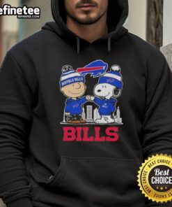 Premium Snoopy and Charlie Brown Buffalo Bills football skyline hoodie featuring vibrant team colors and iconic characters.