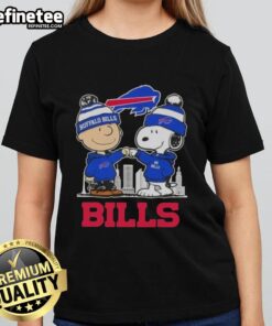 Premium Snoopy and Charlie Brown Buffalo Bills football skyline ladies tee featuring vibrant graphics and stylish design.
