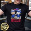Premium Snoopy and Charlie Brown Buffalo Bills football skyline t-shirt featuring iconic characters and team colors.