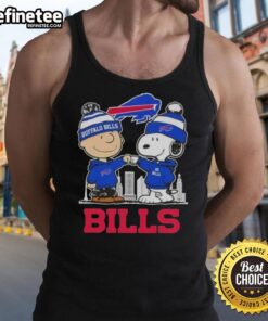 Alt Text: Premium Snoopy and Charlie Brown Buffalo Bills football skyline tank top featuring iconic characters and team colors.