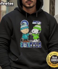 Premium Snoopy and Charlie Brown Seattle City Sports hoodie featuring Mariners and Seahawks skyline design.