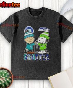 Alt Text: Premium Snoopy and Charlie Brown Seattle City Sports Mariners x Seahawks Skyline Washed T-Shirt in vibrant colors.