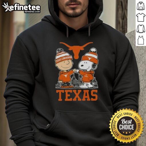 Alt Text: Premium Snoopy and Charlie Brown Texas Longhorns football skyline hoodie featuring vibrant graphics and cozy design.