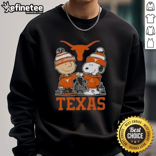 Premium Snoopy and Charlie Brown Texas Longhorns football skyline sweatshirt featuring vibrant graphics and cozy design.