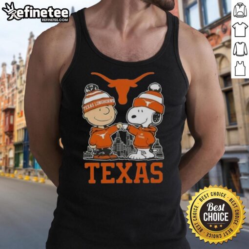 Alt Text: Premium Snoopy and Charlie Brown Texas Longhorns football skyline tank top featuring iconic cartoon characters.