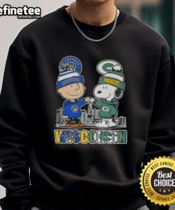 Premium Snoopy and Charlie Brown sweatshirt featuring Milwaukee Brewers and Green Bay Packers skyline design.