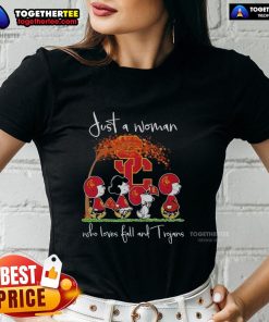 Premium Snoopy and Friends USC Trojans Football tee for ladies, perfect for fall and Trojan fans.