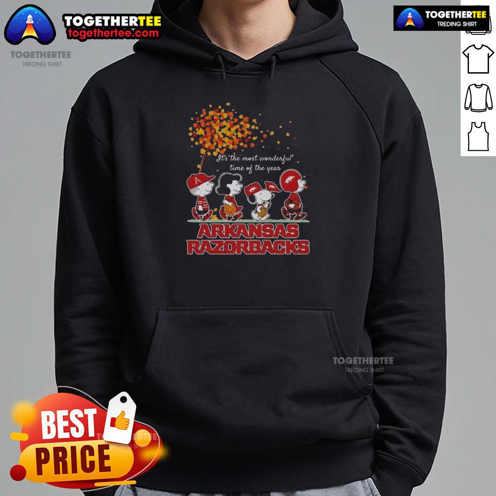 Premium Snoopy And Friends Arkansas Razorbacks It's The Most Wonderful Time Of The Year Autumn Hoodie Premium Snoopy and Friends Arkansas Razorbacks autumn hoodie featuring festive design for the most wonderful time of the year.