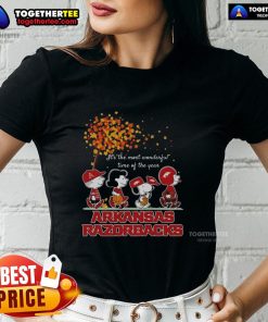 Alt Text: Premium Snoopy and Friends Arkansas Razorbacks autumn ladies tee celebrating It's the Most Wonderful Time of the Year