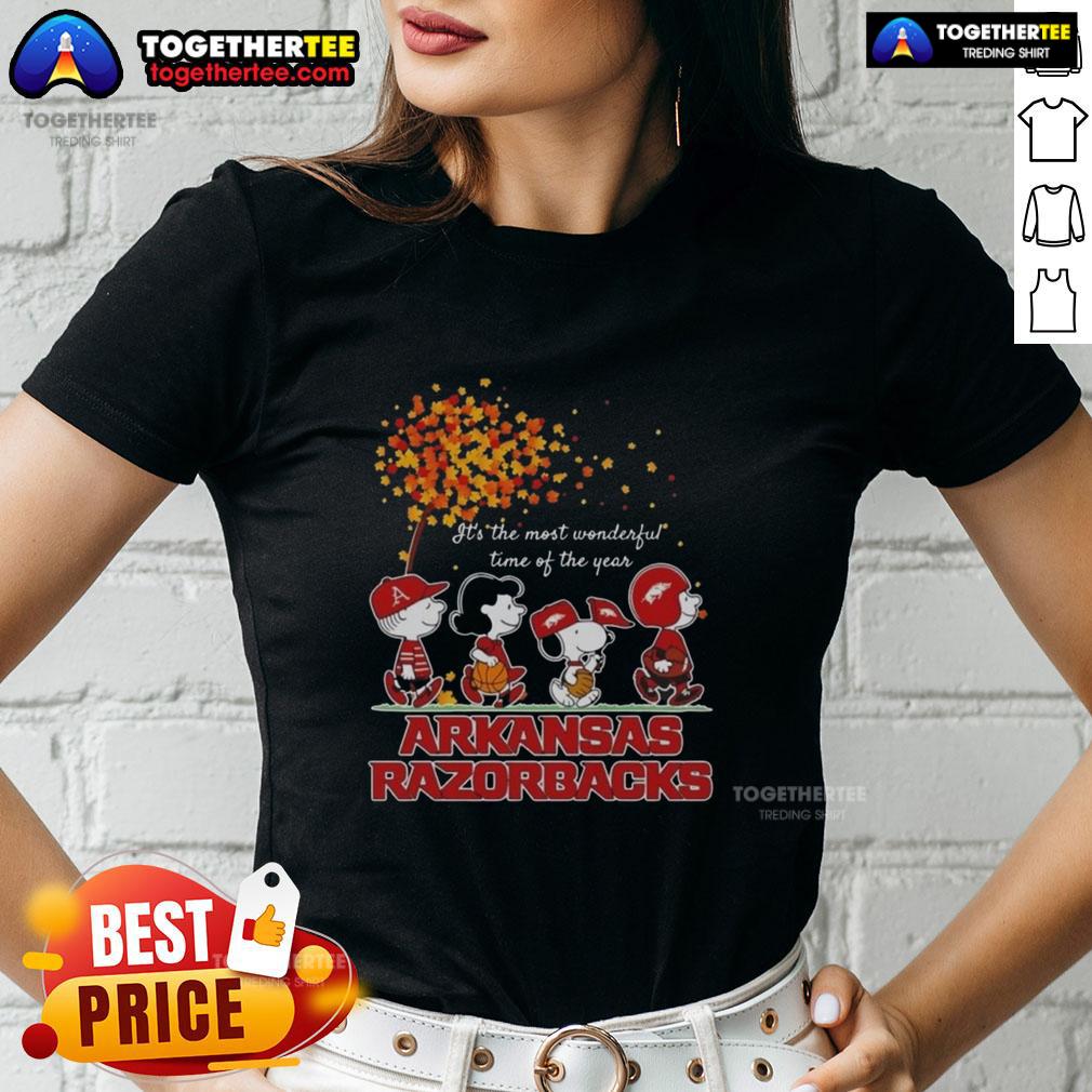 Premium Snoopy And Friends Arkansas Razorbacks It's The Most Wonderful Time Of The Year Autumn Ladies-Tee Alt Text: Premium Snoopy and Friends Arkansas Razorbacks autumn ladies tee celebrating It's the Most Wonderful Time of the Year