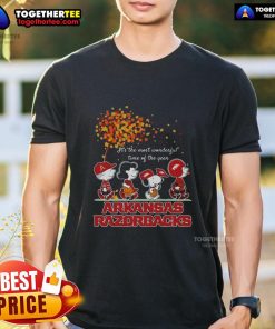 Premium Snoopy and Friends Arkansas Razorbacks autumn T-shirt featuring festive design for the most wonderful time of the year.