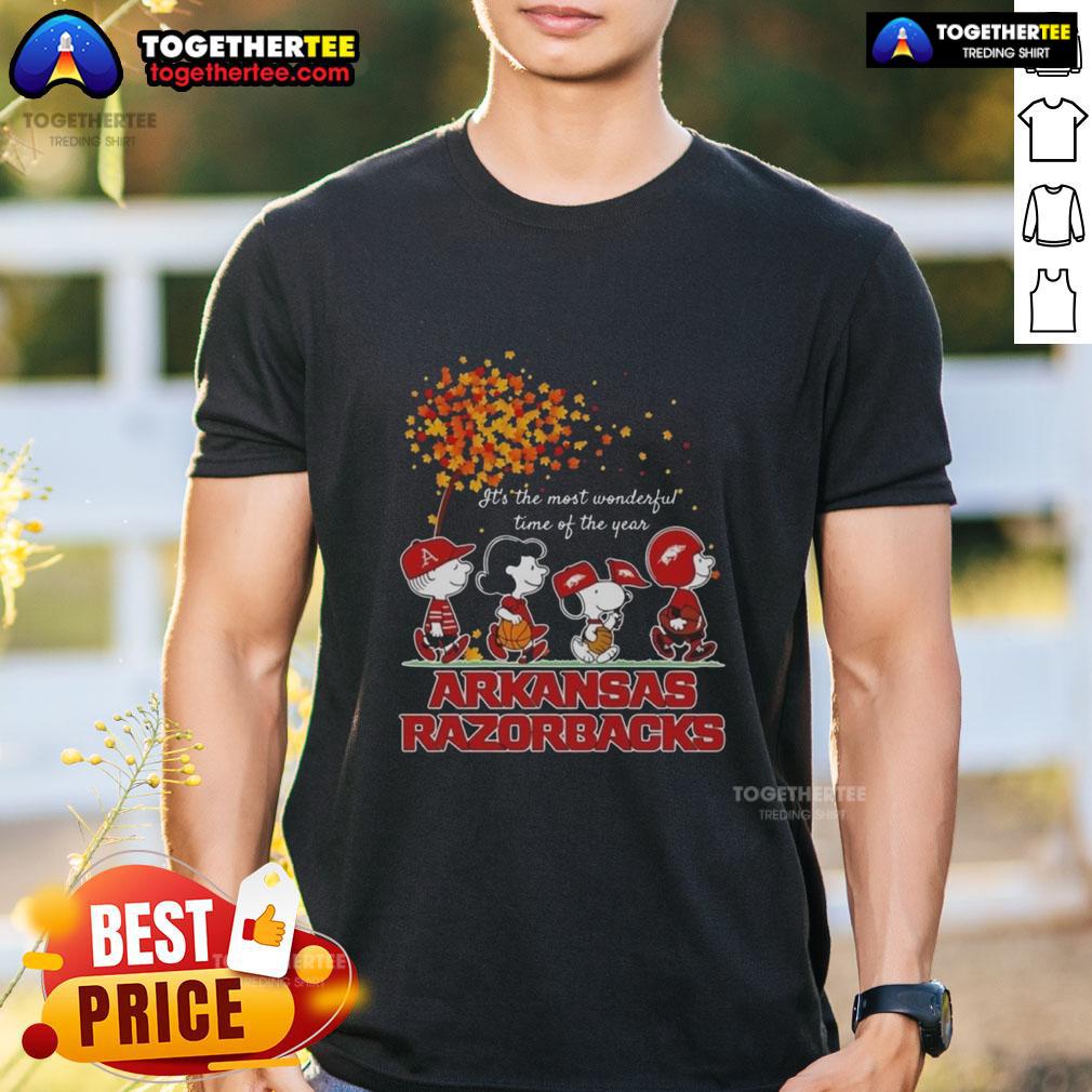 Premium Snoopy And Friends Arkansas Razorbacks It's The Most Wonderful Time Of The Year Autumn T-Shirt Premium Snoopy and Friends Arkansas Razorbacks autumn T-shirt featuring festive design for the most wonderful time of the year.