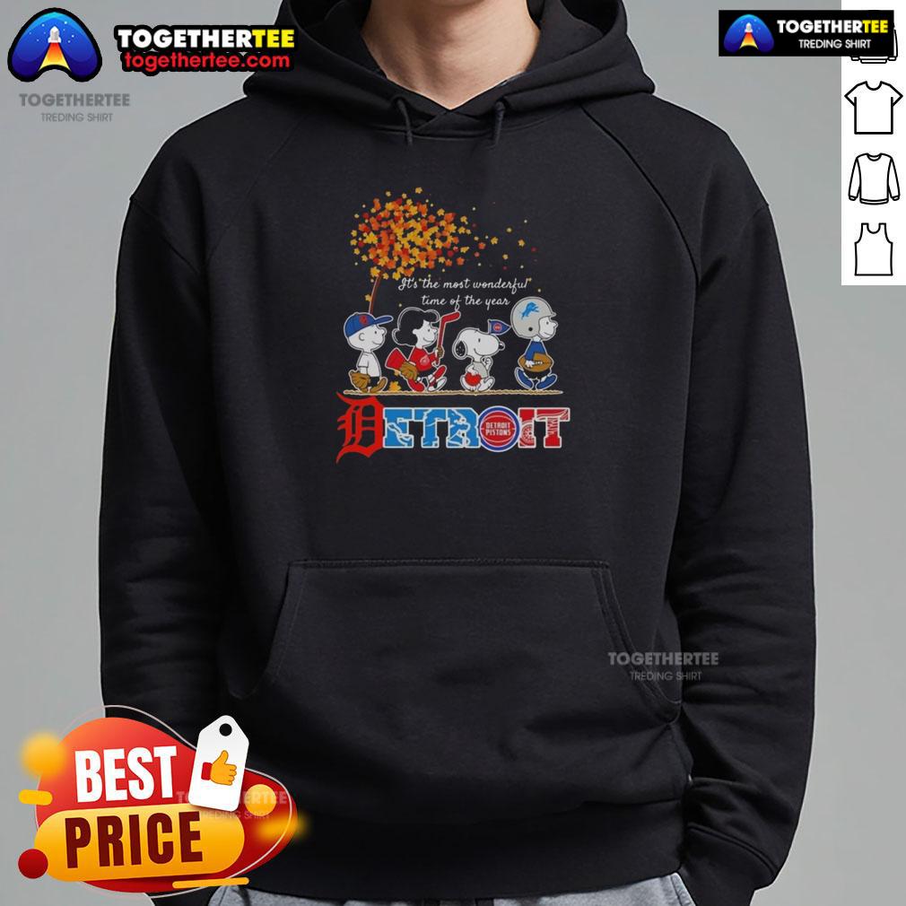 Premium Snoopy And Friends Detroit It's The Most Wonderful Time Of The Year Autumn Hoodie Premium Snoopy and Friends Detroit autumn hoodie featuring festive designs for the most wonderful time of the year.