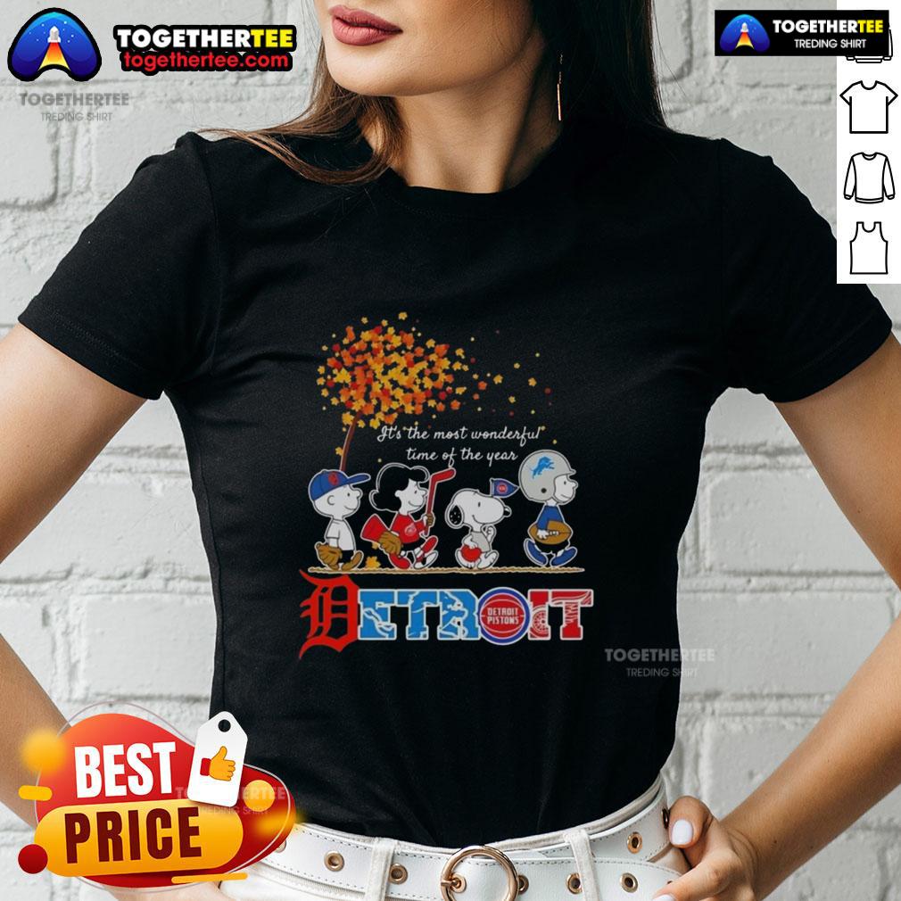 Premium Snoopy And Friends Detroit It's The Most Wonderful Time Of The Year Autumn Ladies-Tee Premium Snoopy and Friends Detroit autumn ladies tee featuring whimsical holiday design, perfect for festive celebrations.