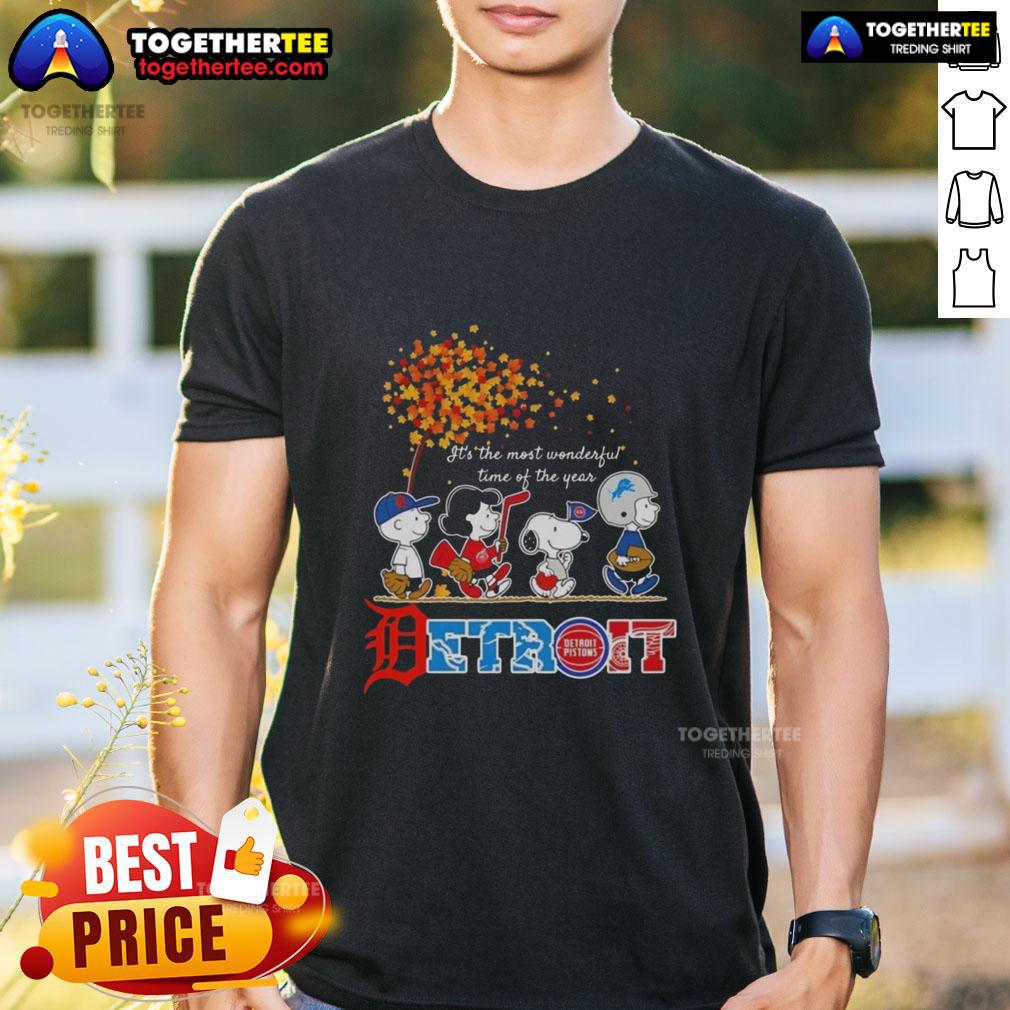 Premium Snoopy And Friends Detroit It's The Most Wonderful Time Of The Year Autumn T-Shirt Alt Text: Premium Snoopy and Friends Detroit Autumn T-Shirt - 'It's The Most Wonderful Time Of The Year' design for fall.