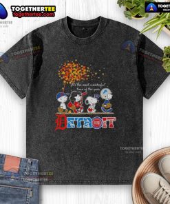 Alt Text: Premium Snoopy and Friends Detroit Autumn Washed T-Shirt featuring festive designs for the most wonderful time of the year.
