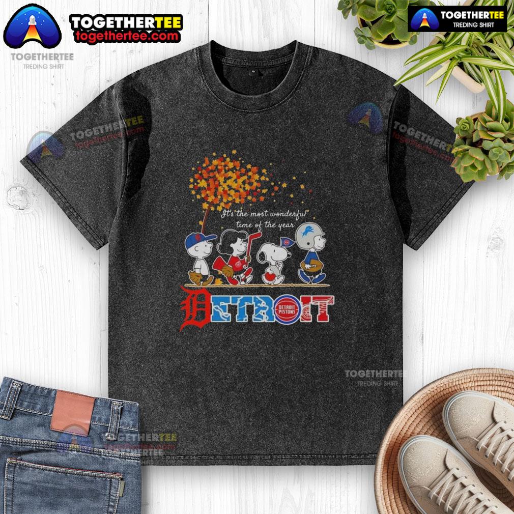 Premium Snoopy And Friends Detroit It's The Most Wonderful Time Of The Year Autumn Washed T-Shirt Alt Text: Premium Snoopy and Friends Detroit Autumn Washed T-Shirt featuring festive designs for the most wonderful time of the year.