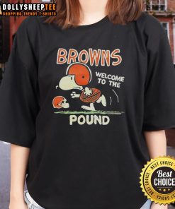 Alt Text: Premium Snoopy Brown's Welcome to the Pound ladies tee featuring a playful Snoopy design perfect for dog lovers.