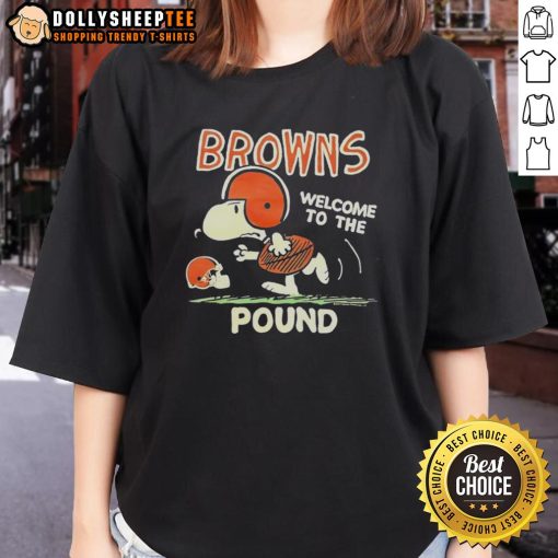 Alt Text: Premium Snoopy Brown's Welcome to the Pound ladies tee featuring a playful Snoopy design perfect for dog lovers.