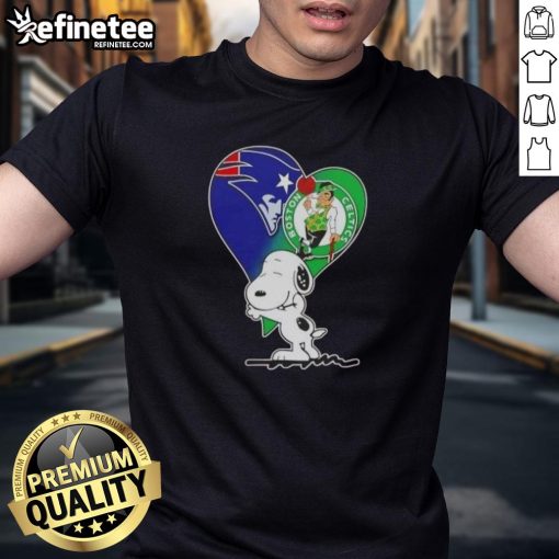 Alt Text: Premium Snoopy Hug Heart T-Shirt featuring New England Patriots and Boston Celtics logos, perfect for sports fans.